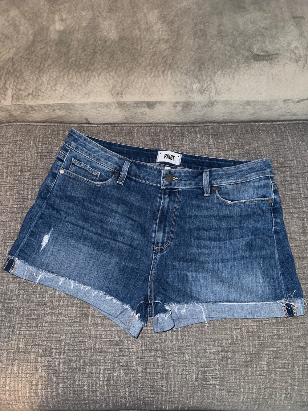 PAIGE Blue Distressed Denim Cutoff Shorts